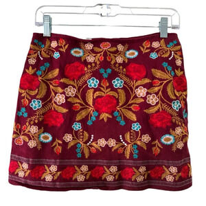 Red embroiderers floral mini skirt